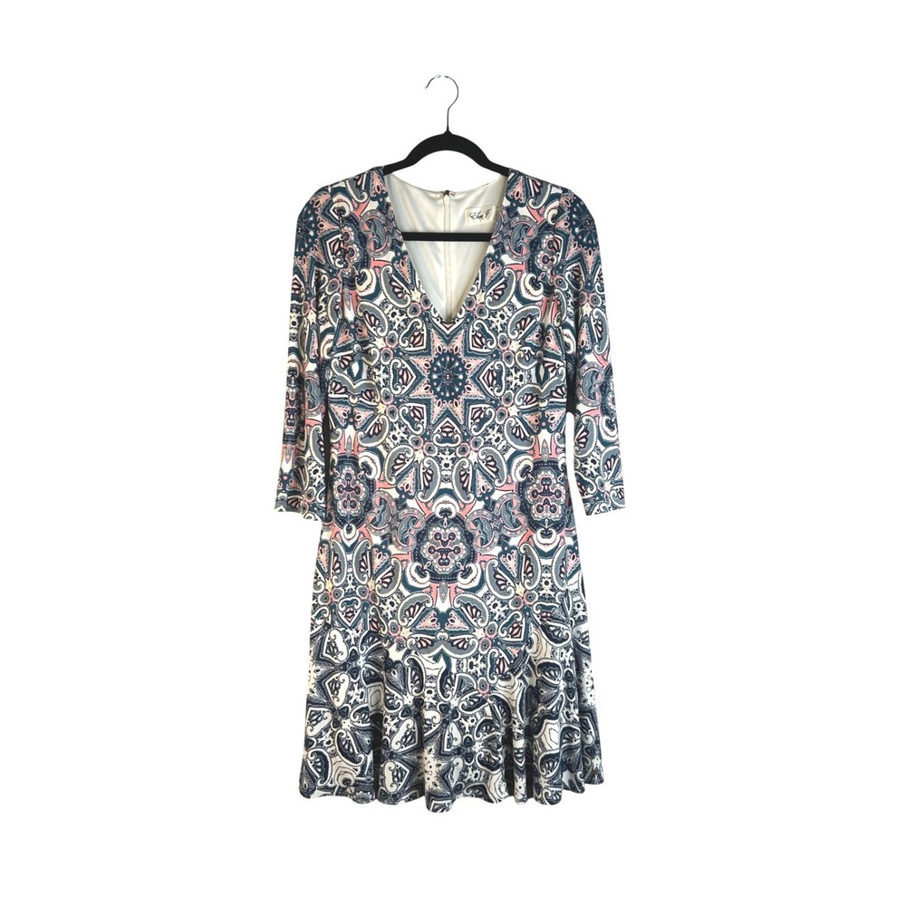 Eliza J Blue Pink Paisley V-Neck‎ 3/4 Sleeve Fit Flare Special Occasion Dress  8